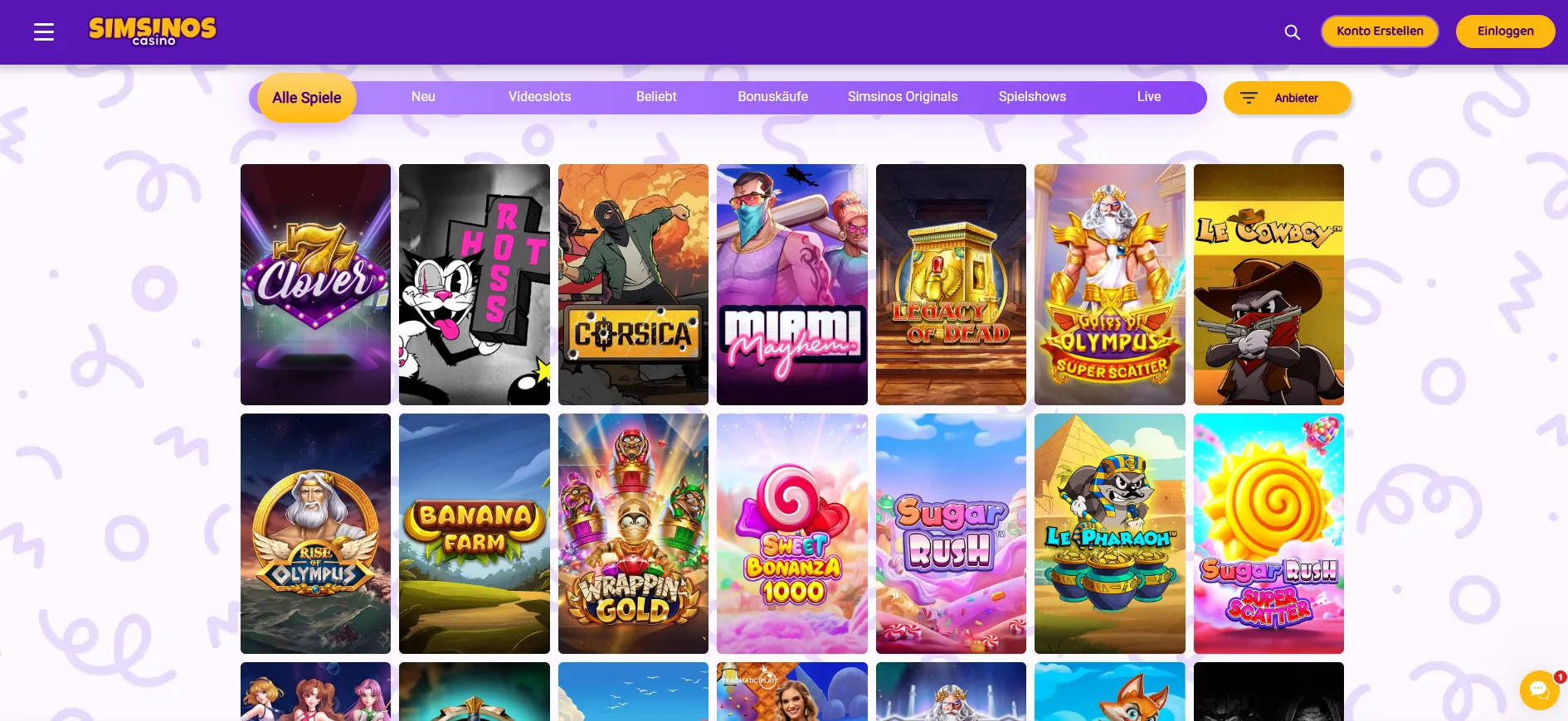 Simsinos Casino Spielkatalog